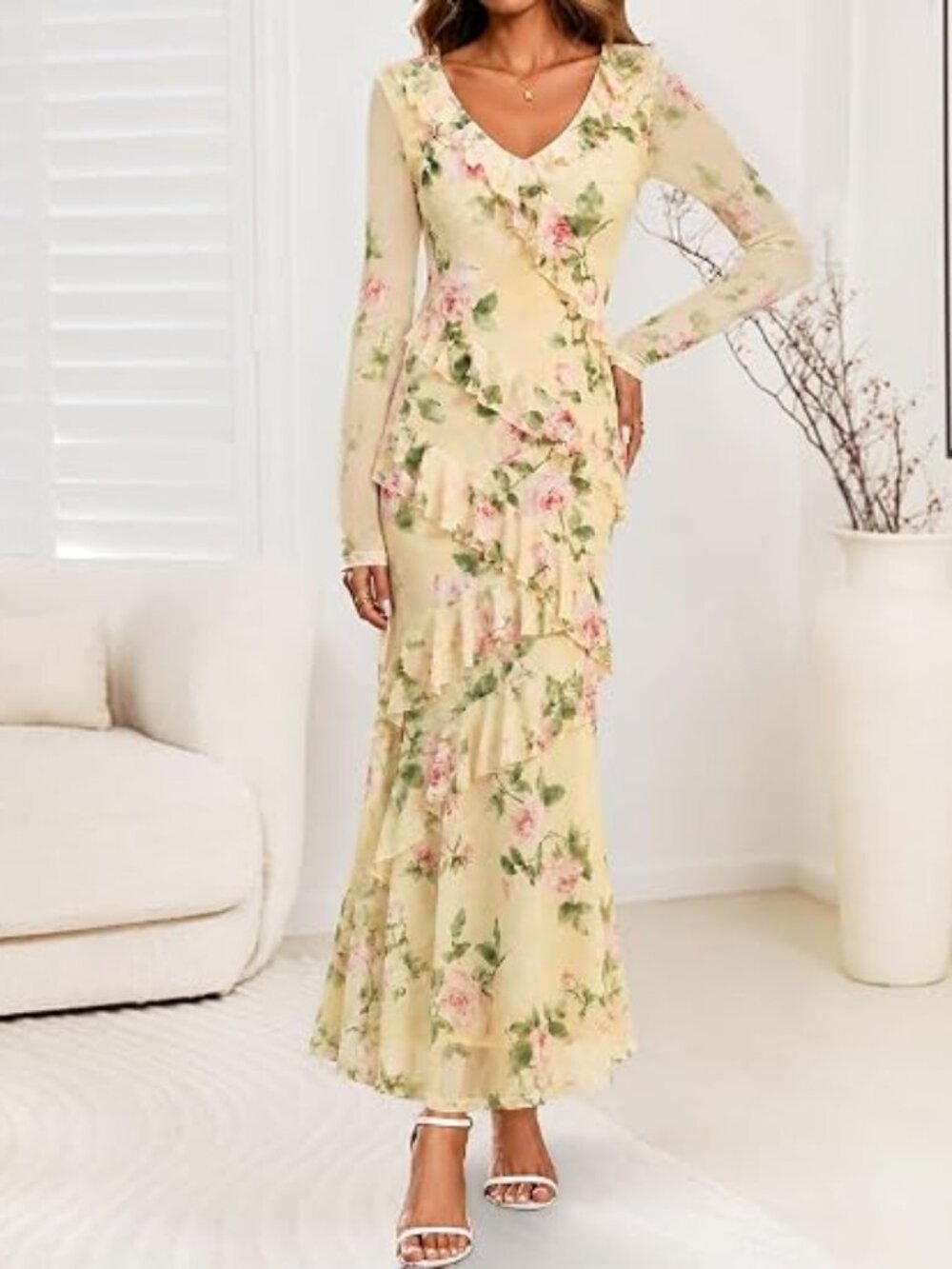 Wedding Guest Dresses for Women Fall Long Sleeve Floral Maxi Dress